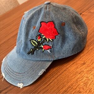 Denim hat David and Young blue baseball cap with embroidered rose RARE fun hat